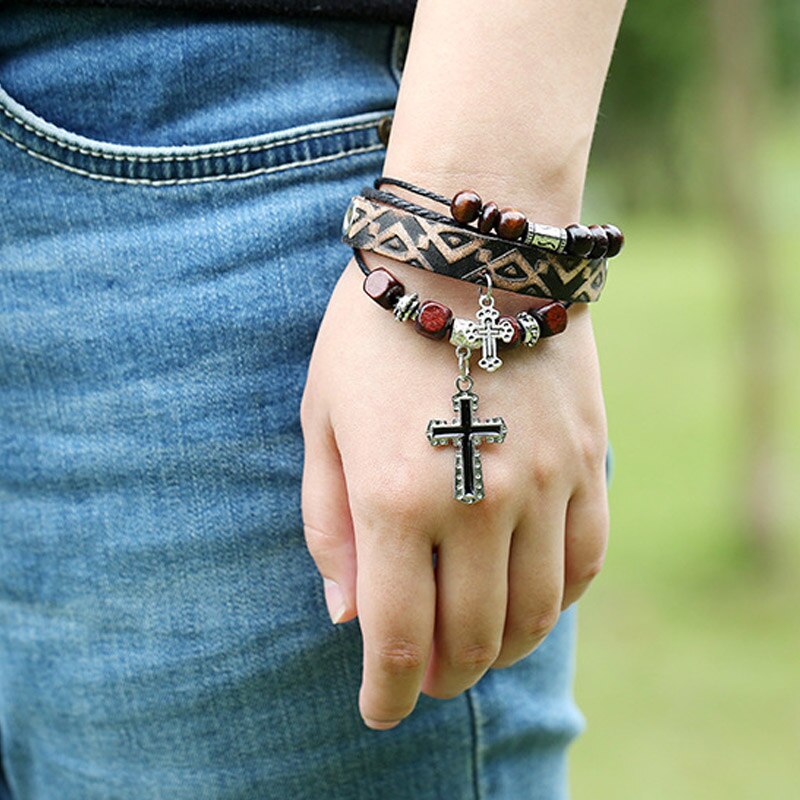 4 Layers Charm Bracelet for Women Men Leather Rope String Beads Jesus Christ Cross Jewelry 17cm Adjustable Handmade