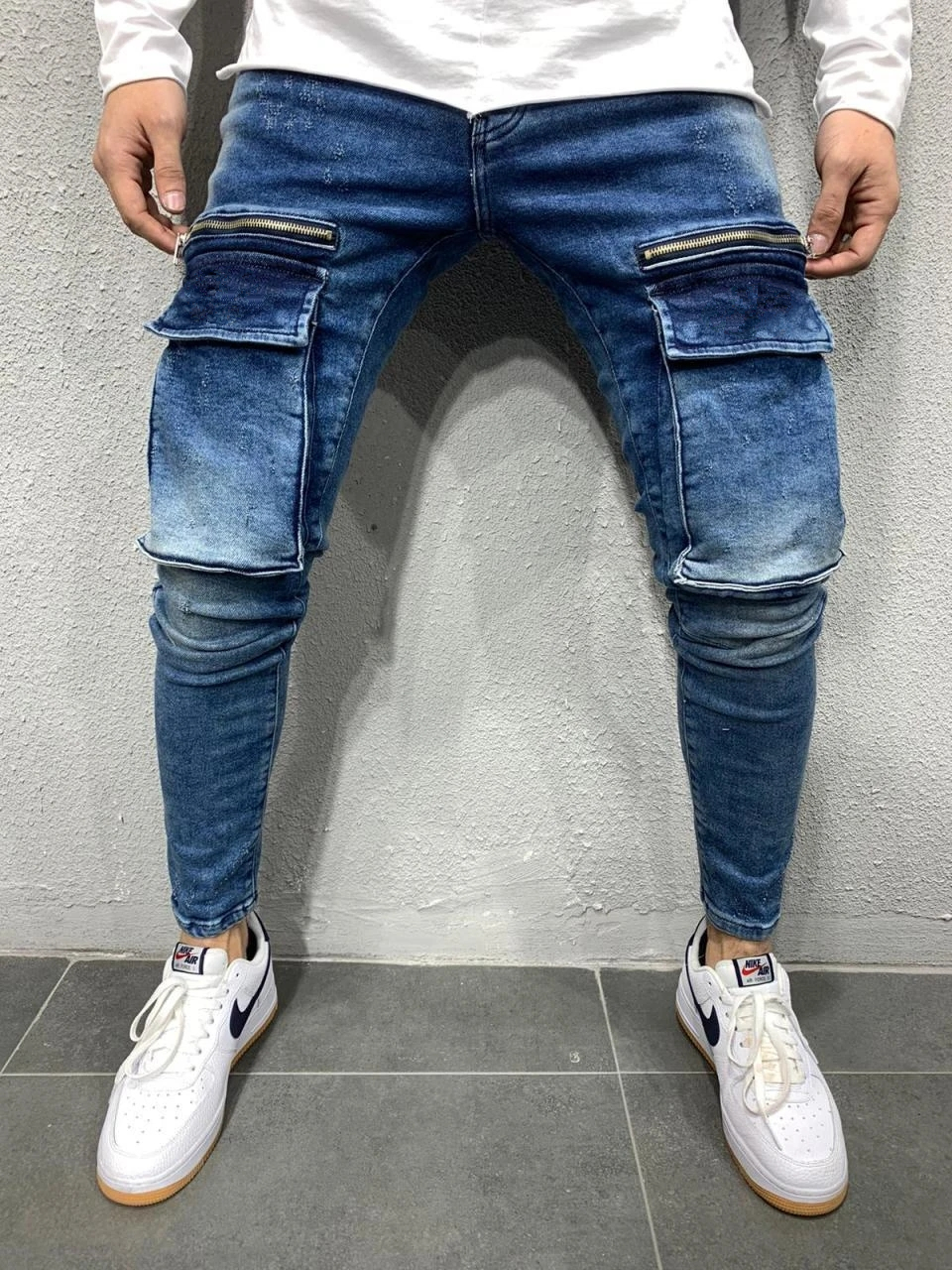Mäns jeans stor ficka blixtlås dekoration ren bomull denim vatten land jeans