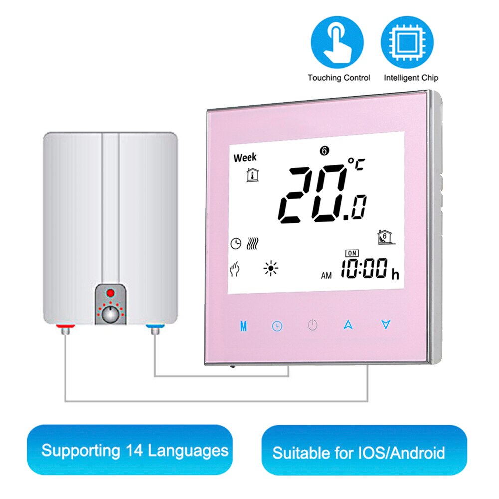 Digital Water/Gas Boiler Heating Thermostat with WiFi Connection & Voice Control Energy Saving AC 95-240V 5A Touchscreen: GC pink  no wifi