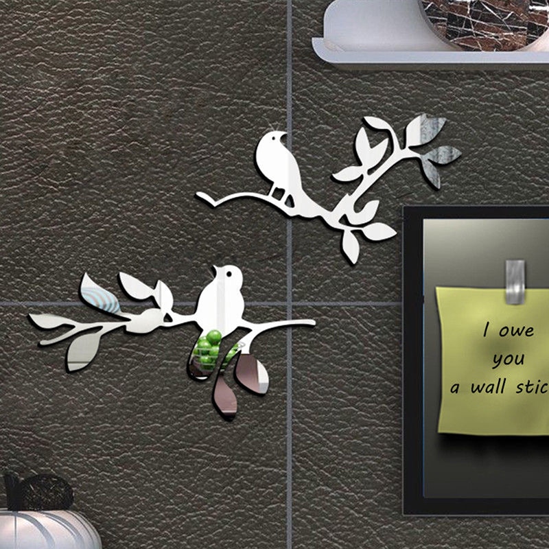 2Pcs 3D Spiegels Vogels Tak Muurstickers Decal Muur Art Verwisselbare Kamer Party Wedding Decor Home Deco Muursticker voor Kid Kamer
