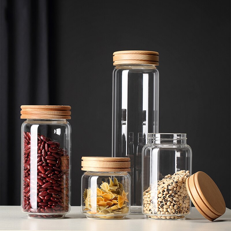 vershoudbakjes glazen potjes met deksel glass bottle Glas Opslag Noodle Opslagtank Grote Luchtdichte Tank Korrels Snacks Snoep Thee Moer Jam Hoge Borosilicate Acacia