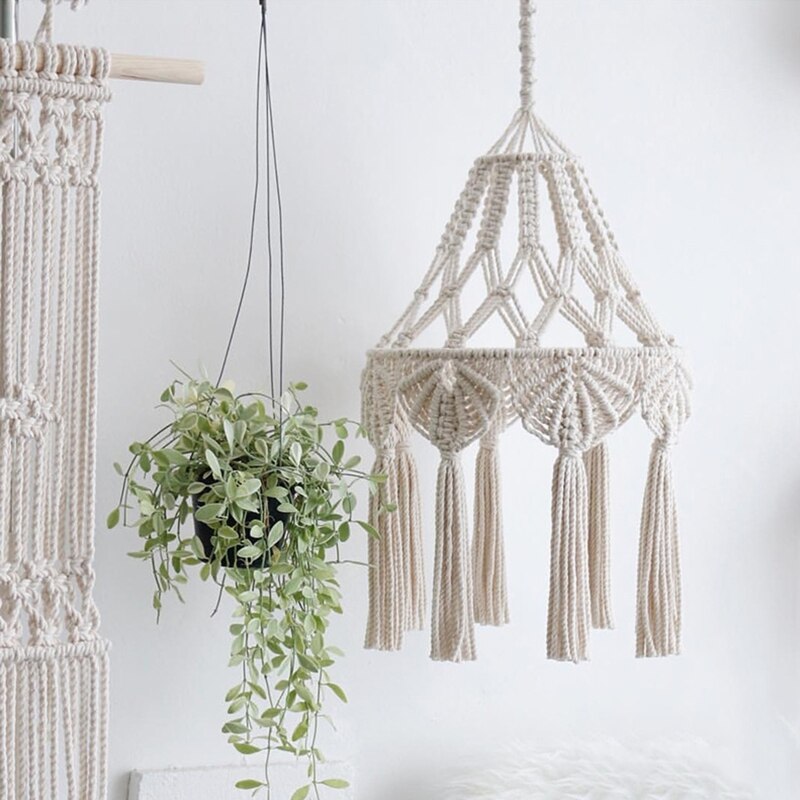 Hand-knitted Woven Lamp Shade Ceiling Light Cover Macrame Tassel for Living Room