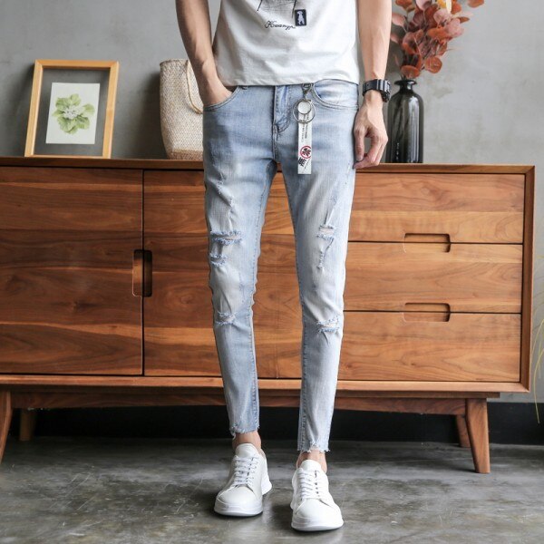Biker jeans herr koreanska slim fit jeans stretch herrkläder slitna jeans herr jeansbyxor ankellängd 34-28: 30
