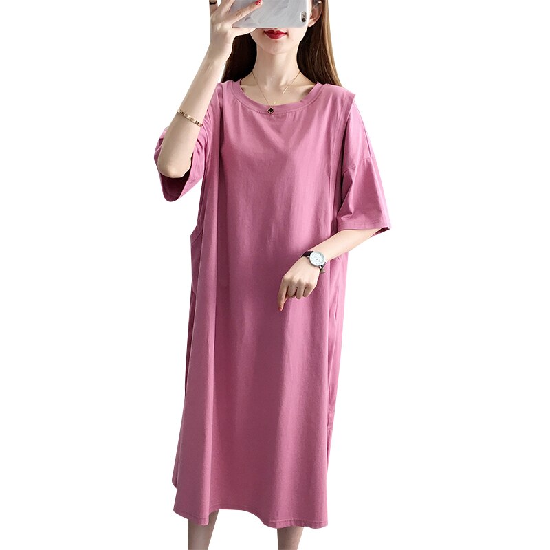 Ren farve amning t-shirt kjole mid-kalv kortærmet bomuld stor størrelse barsel kjoler gravide kvinder tøj top 2006