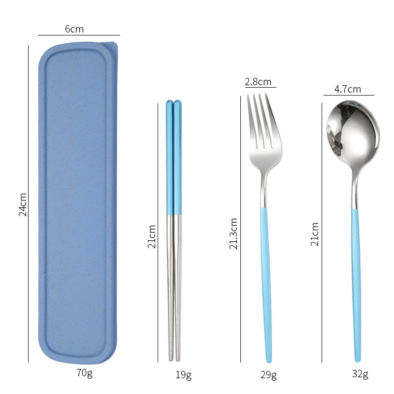 Stainless Steel Dinner Tableware Set Cutlery Knife Fork Spoon Dinnerware Set With Box Tools Travel Tableware Set: 3Pcs Blue Sliver