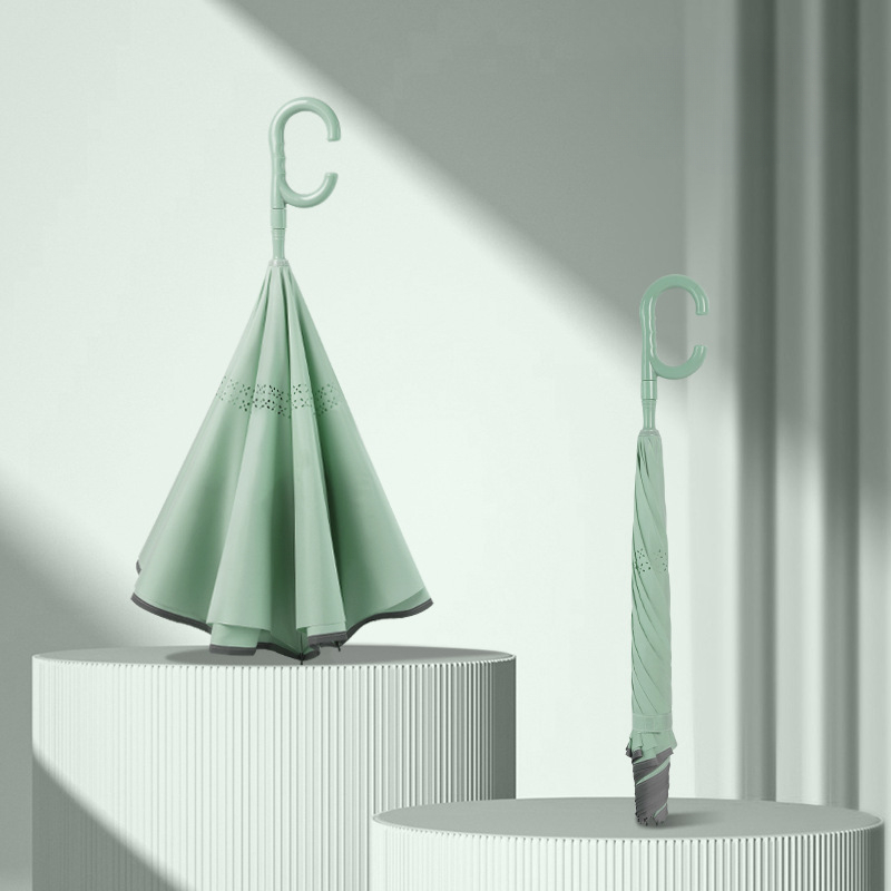 Ombrello inverso a doppio strato completamente automatico, ombrello a doppio strato, ombrello antivento a doppio scopo soleggiato e piovoso a manico lungo: Luce Verde
