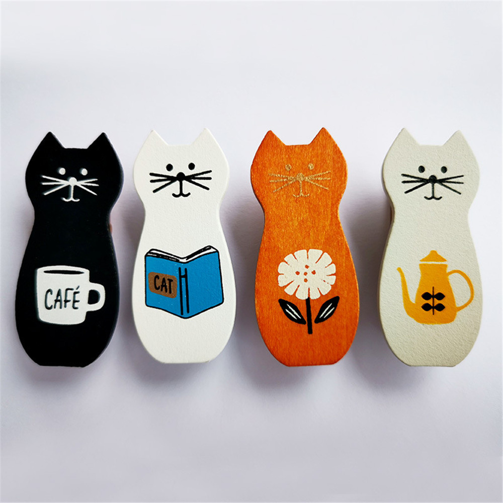 Juego de 4 unids/set de Clips de madera de gato de dibujos animados, Mini Clips de carpeta Kawaii para fotos, soporte para billetes, Clip de papel de dibujos animados, decoración del hogar