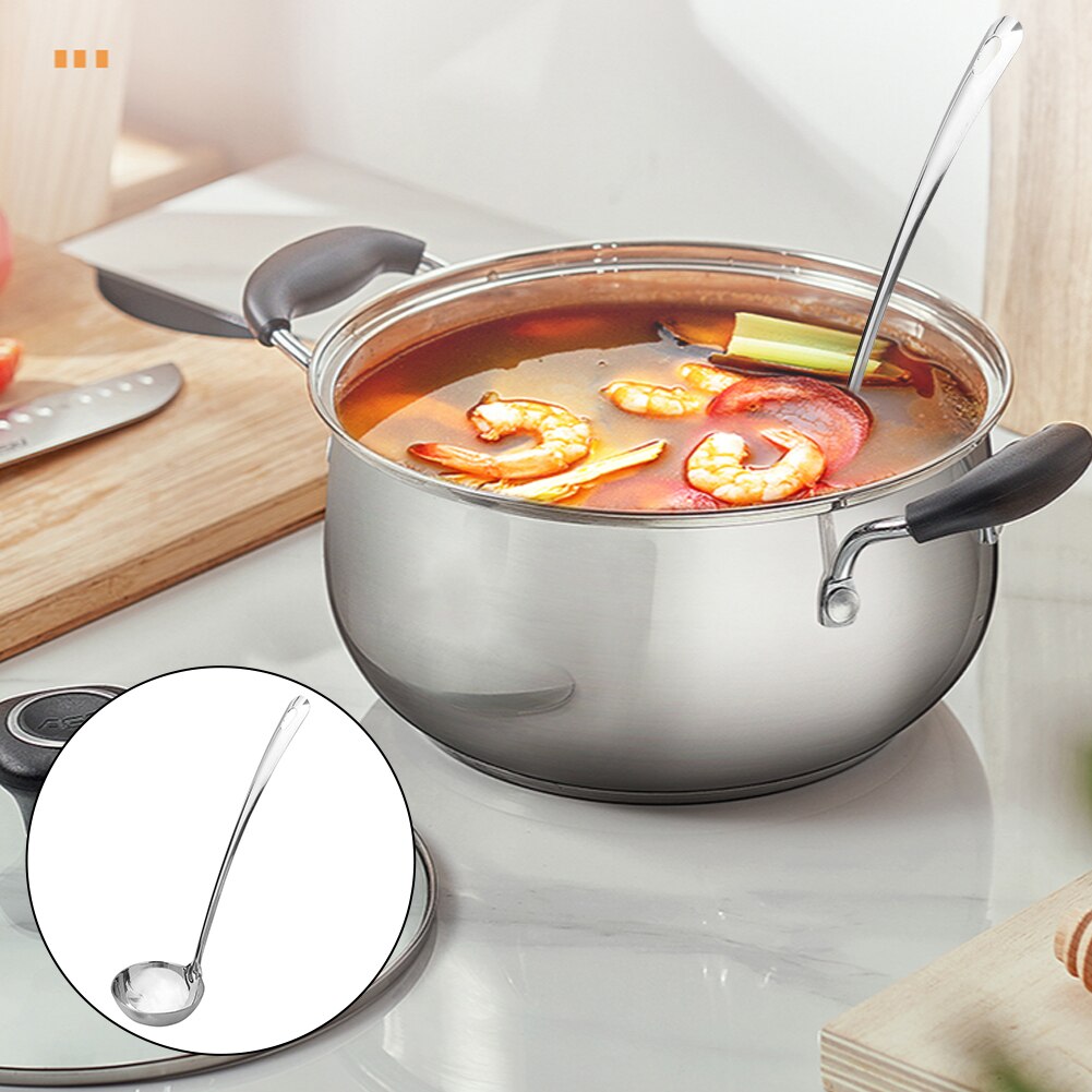 1Pc Thick Stainless Steel Ladle Spoon Long Handle Round Rice Soup Mixing Holding Kitchen Cookware Pot Spoon Cooking Tools
