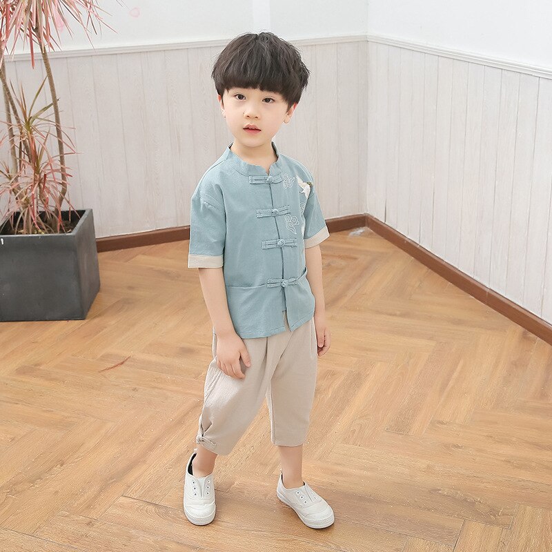 Chinese style boy cotton and linen suit summer short-sleeved children's clothing retro Tang suit school uniform Hanfu