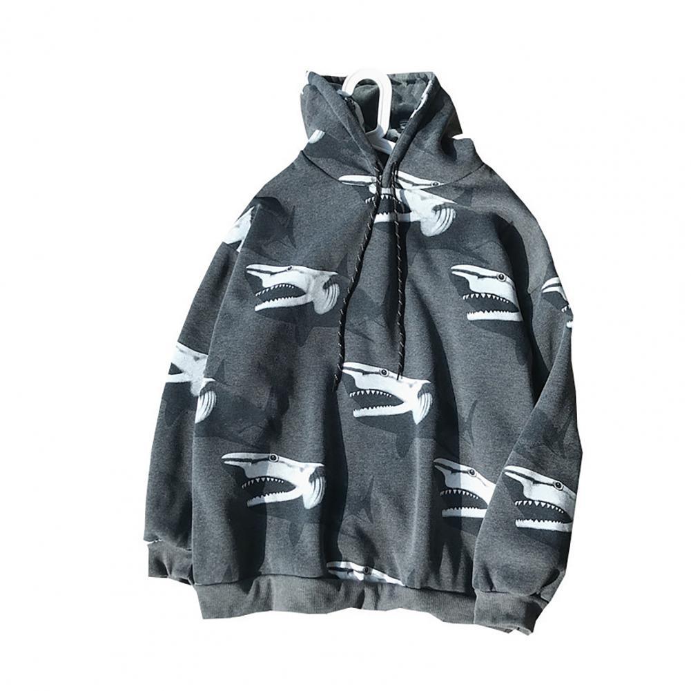 men fleece hoodie sweatshirts winter oversize male pullovers Sharks Print Long Sleeve Drawstring Hoodie Plush Thick Sweatshirt