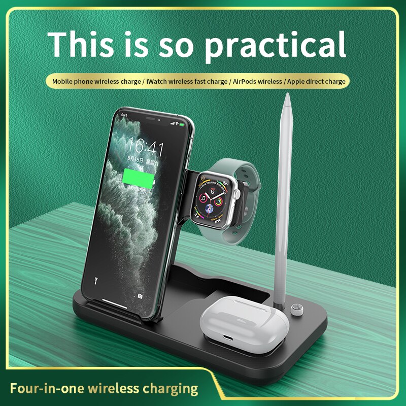 4 In 1 Qi Draadloze Oplader Stand Draadloze Oplader Snel Opladen Voor Apple Horloge 6 5 4 3 21 se/Airpods Pro/Iphone 12 11 Xs Xr