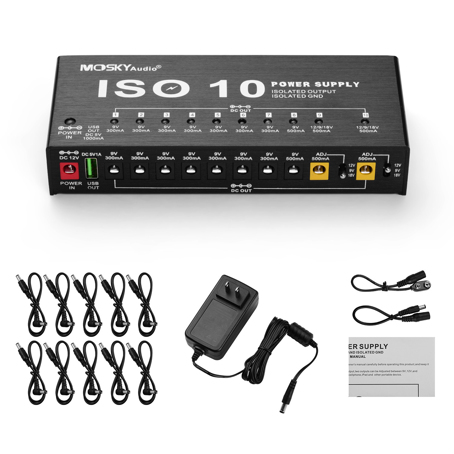 Mosky iso -10 guitar effektpedal strømforsyning dc udgange / 5v usb 18v til 9v 12v guitar effektprocessorer strømforsyning: Militærgrøn