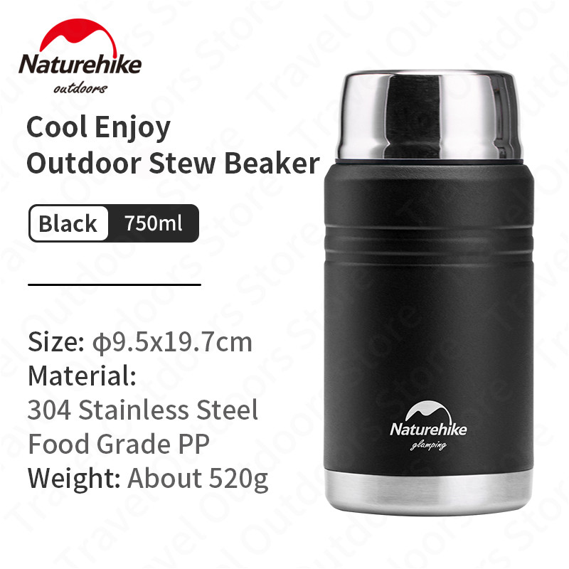 Naturehike Ultraleicht Picknick Tasse 500ml/750ml Tragbare draussen Reise Eintopf Becher warm Halten 8H Kochen Nudeln mit Löffel: Schwarz-750ML