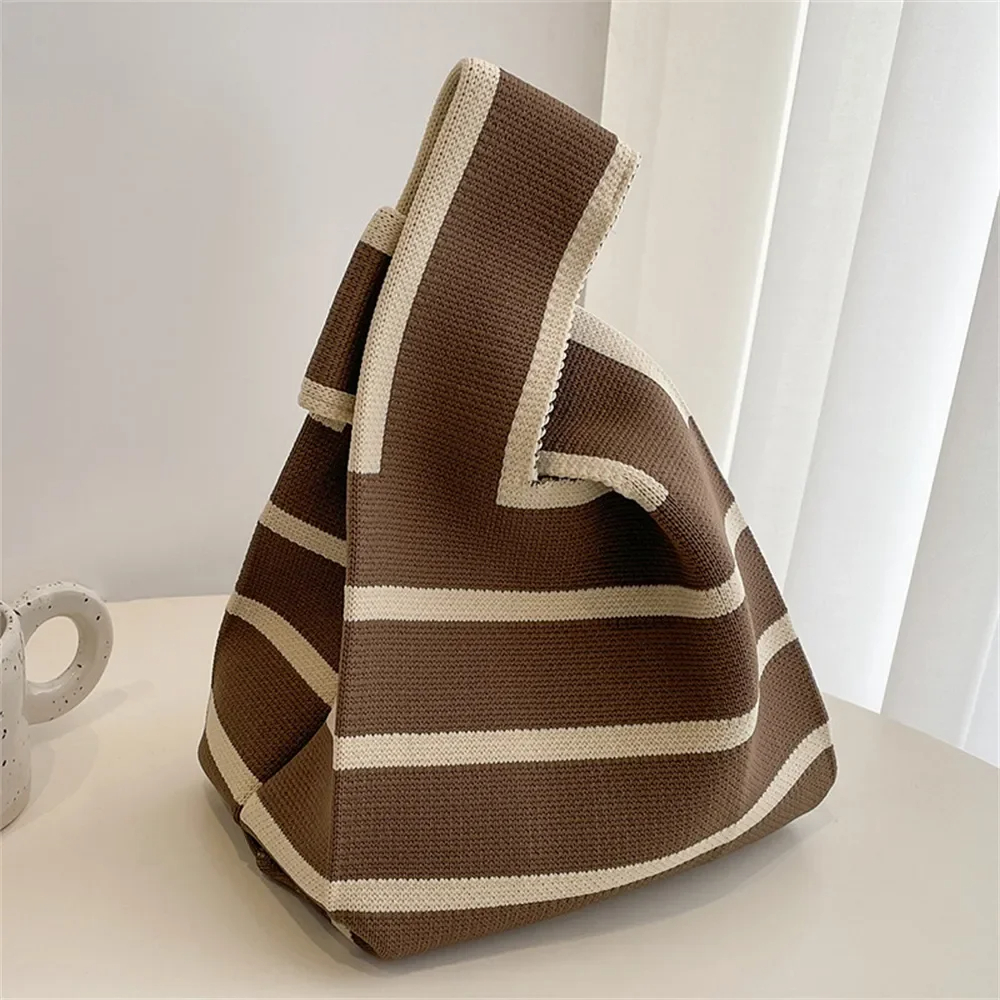 Bolso pequeño tejido hecho a mano para mujer, bolso de muñeca informal, bolso de compras a rayas anchas, Mini bolso de hombro reutilizable para estudiante, 1 ud.: Castaño