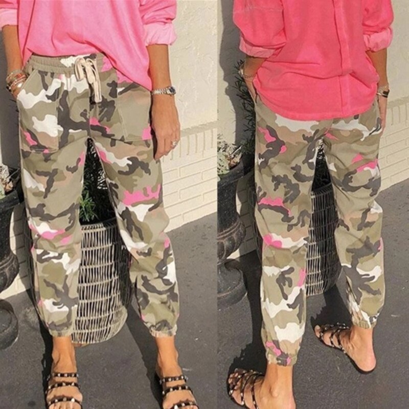 Grijs Camouflage Print Hoge Elastische Taille Volledige Lengte Camo Cargo Broek Vrouwen Kleding Joggingbroek Casual Losse Broek