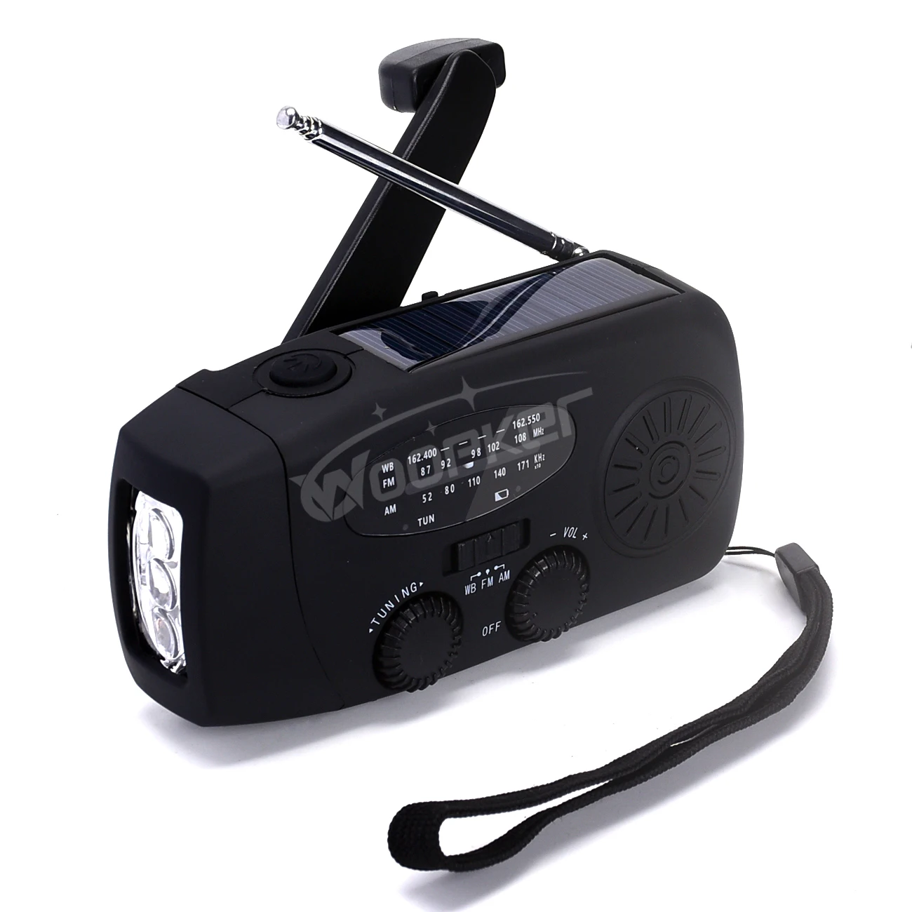 Radio WOOPKER E01 2000mA, generador de manivela manual de emergencia para exteriores, carga Solar portátil para teléfono móvil, Radio AM/FM multifuncional: Negro