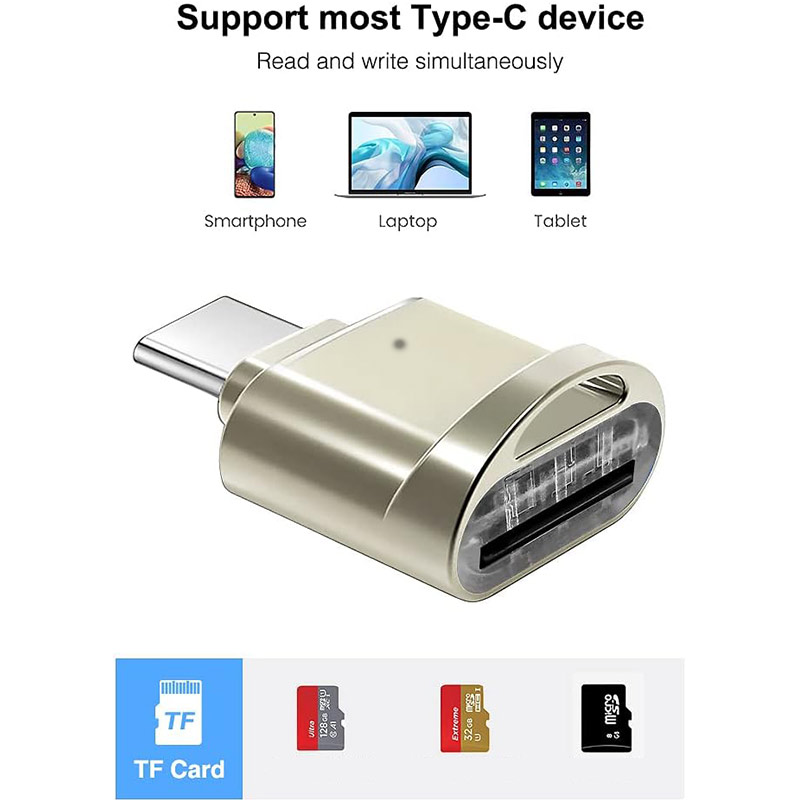 USB C TF Card Reader, Portable OTG Card Adapter for Android Phone, Camera, Laptop, Mini Metal Type-C Card Reader