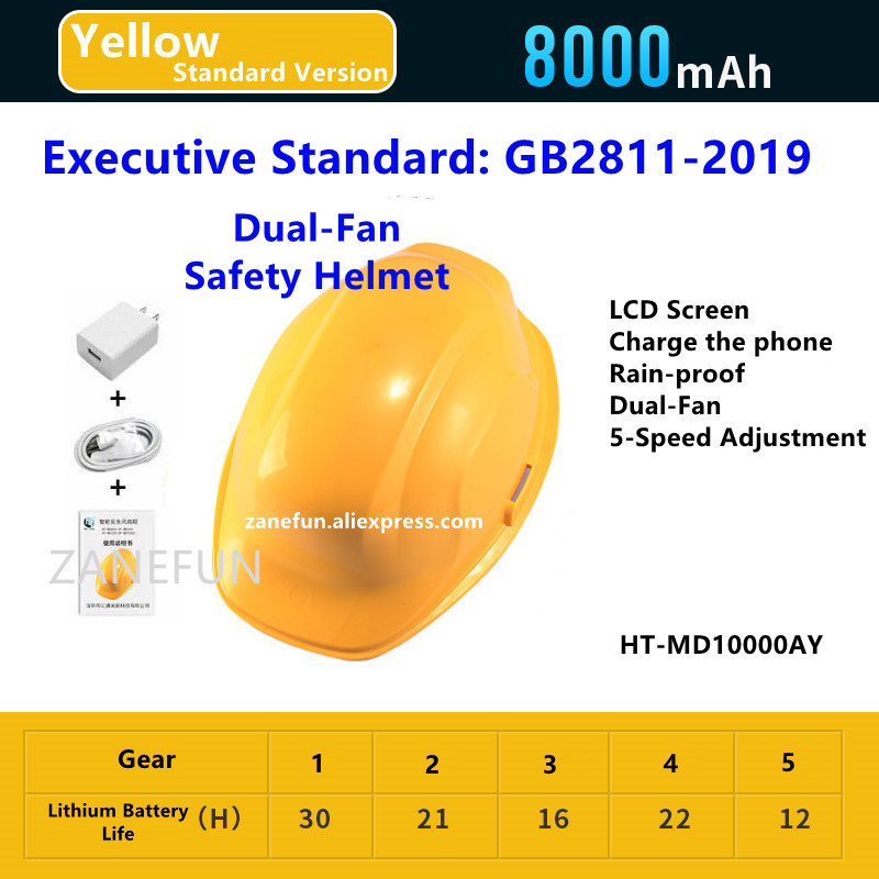 Solar Fan Safety Helmet With LCD Display Light Power Bank Safety Hard Hat Protective Cap Construction Workplace Outdoor Working: Standard Yellow