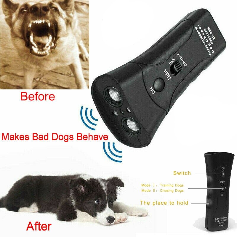 Pet Anti perro ladrando Pet Trainer LED luz ultrasónica suave Chase entrenamiento doble cabeza trompeta
