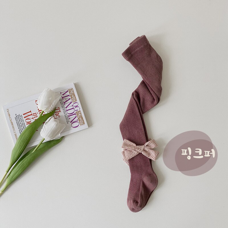 Meia-calça infantil de algodão, calça legging branca de outono com dupla agulha xadrez e laço para meninas: 3 Pink purple / M(1-2T)