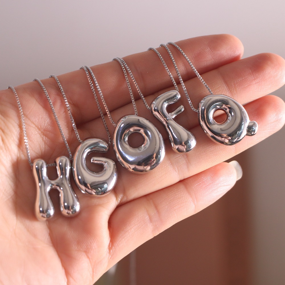 Stainless Steel Chubby Initial Alphabet Balloon Bubble Letter Box Chain Necklace Glossy PVD Waterproof Chic Jewelry Choker