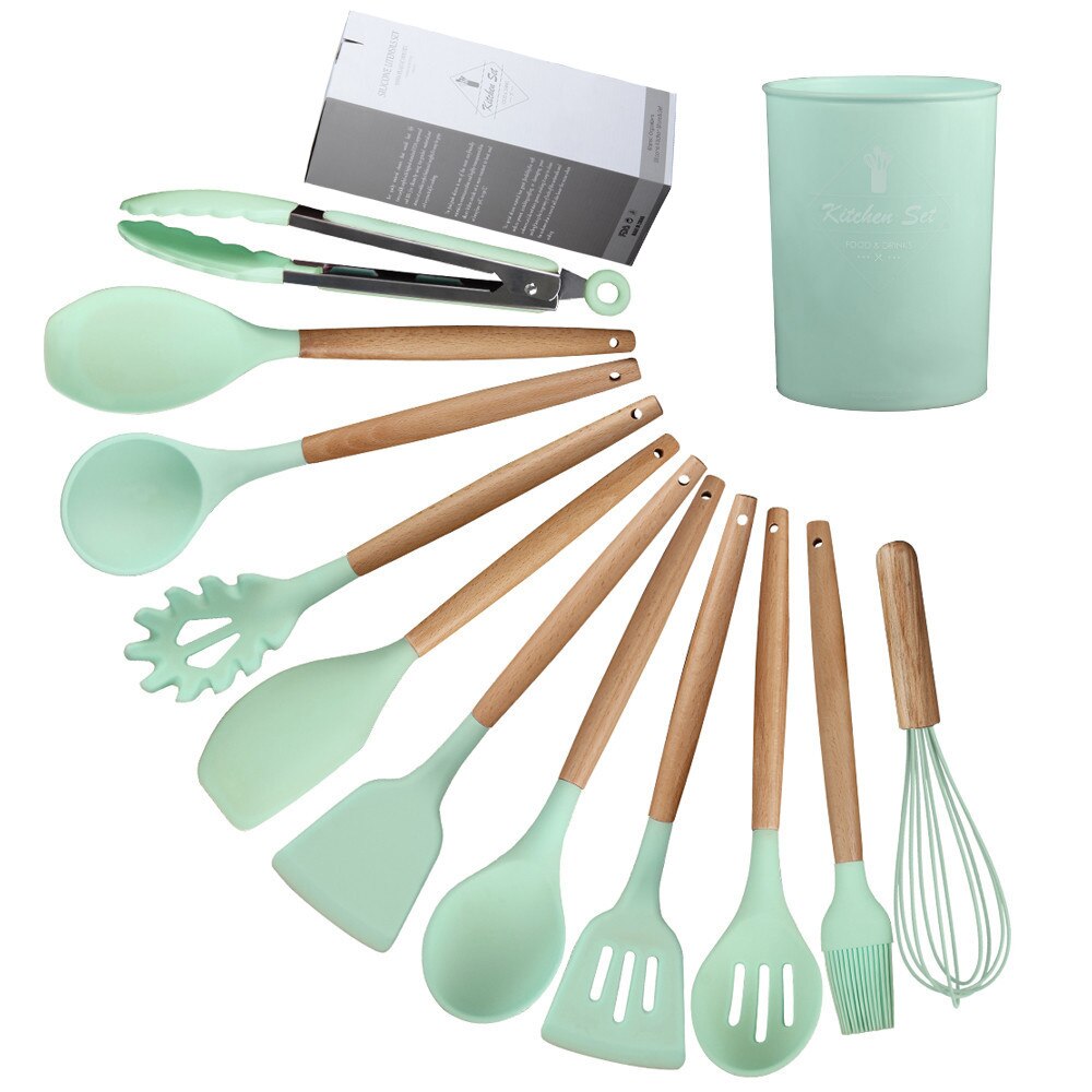 XYj Silicone Cooking Utensil Set Kitchen Utensils 12 Pcs Cooking Utensils Set Non-stick Heat Resistant Silicone Cookware Tools: B.Green Style