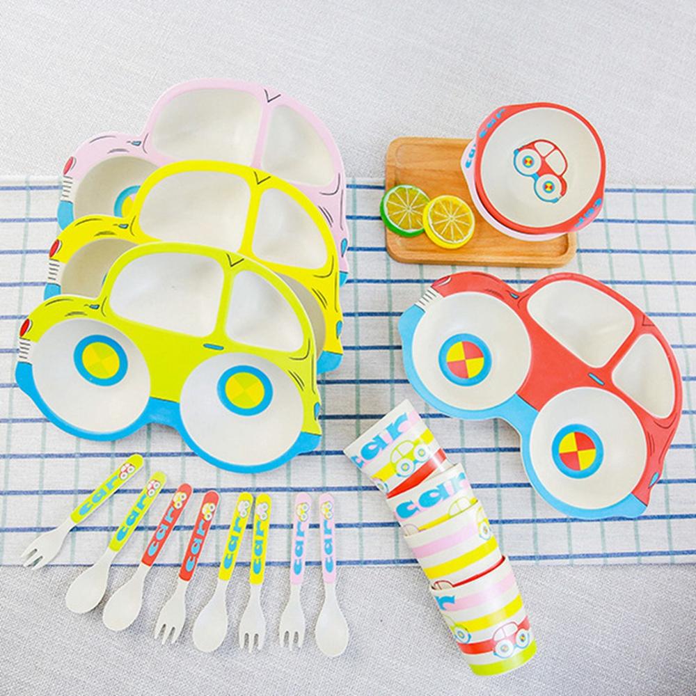 Children's Plate Cute Car Cartoon Household Dishes Bowls Baby Feeding Plate Toddlers Eating Tray Fork Spoon Set