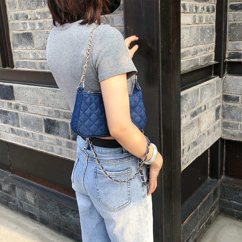 Metalen Ketting Retro Casual Lady Handtas Schoudertas Canvas Denim Blauw Vierkante Plaid Prachtige Boodschappentas