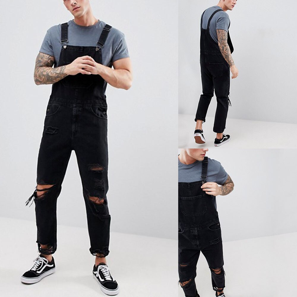 Mono vaquero rasgado hasta la rodilla para hombre, peto negro con aberturas grandes, ropa de calle, pantalones vaqueros con tirantes