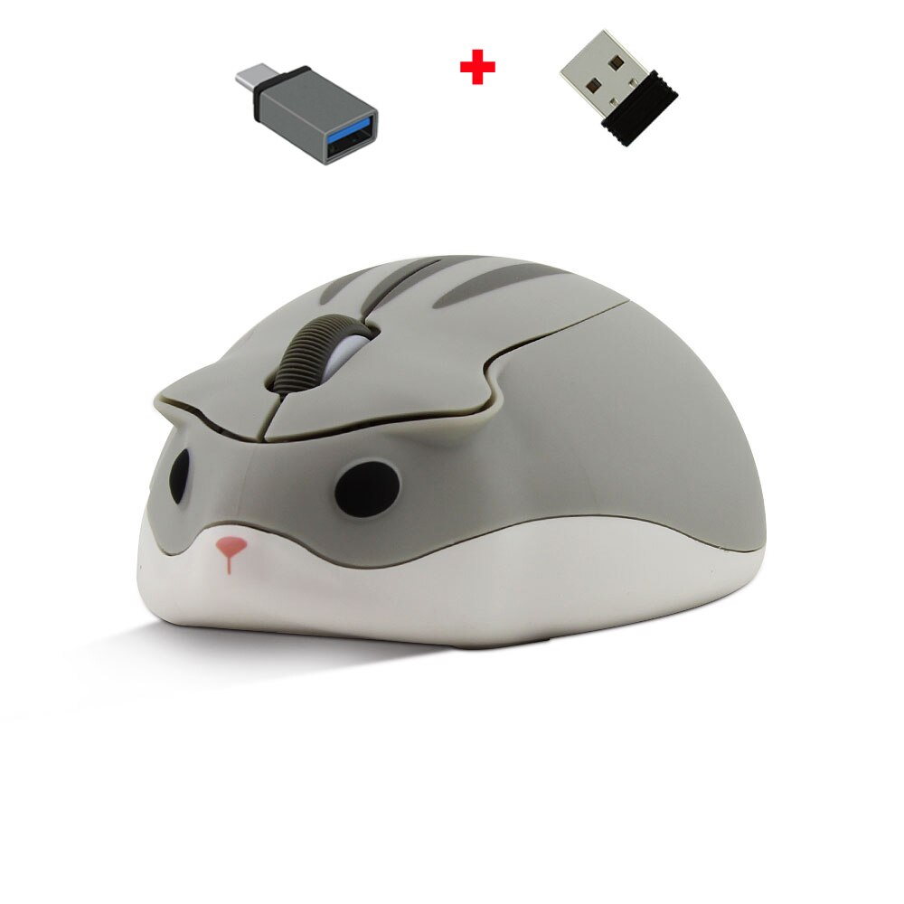 2.4G Wireless Optical Mouse Cute Cartoon Hamster Computer Mice Ergonomic Mini 3D PC Office Mouse For Kid Girl: Gray With Adapter