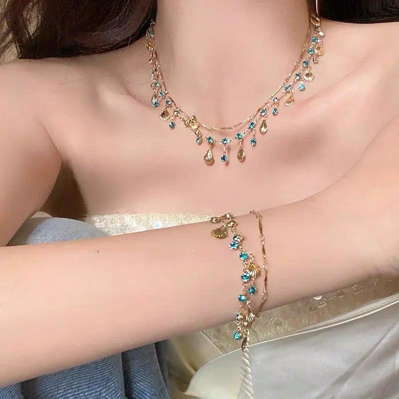 Francês romântico azul cristal concha borlas pulseira para mulheres luxo y2k bling pulseira especiarias meninas requintado jóias presente