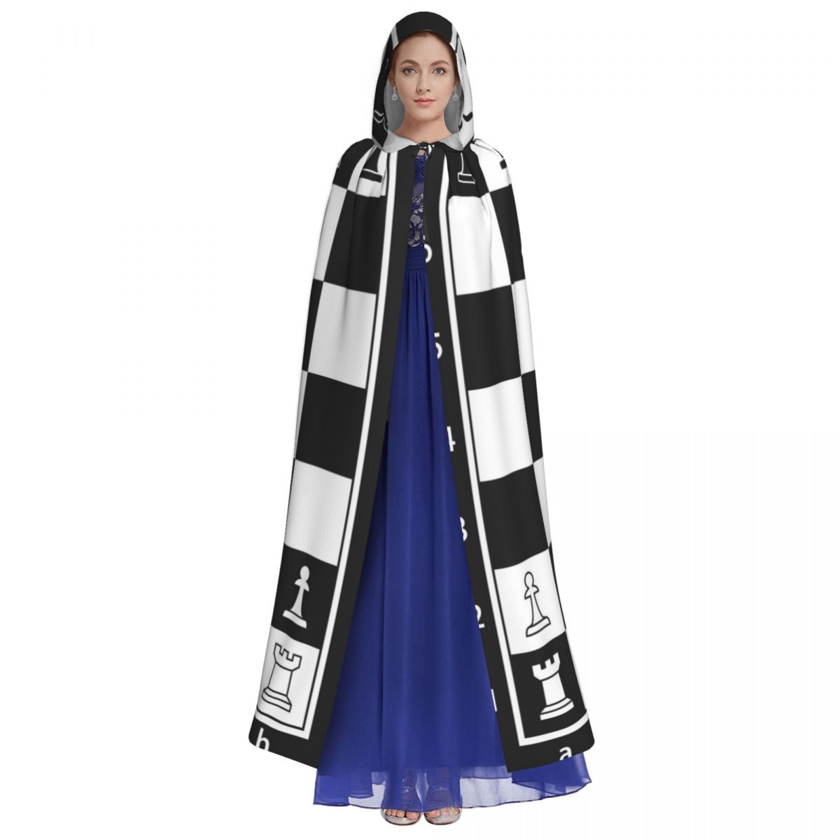 Erwachsener Umhang mit Kapuze, schwarz-weißes Schachbrett, mittelalterliches Kostüm, Hexe, Wicca, Vampir, Elfe, Purim, Karneval, Party