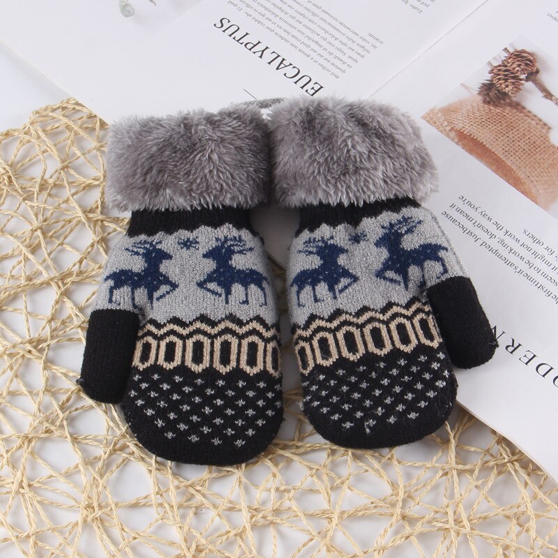 Christmas Toddler Baby Winter Cartoon Deer Velvet Knitted Mittens Gloves Boy Girl Kids Children Outdoor Child Gloves: Black