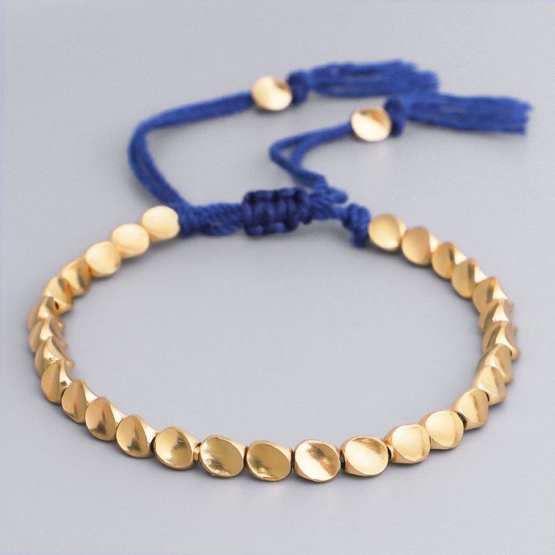 Pulseira tibetana feita à mão de cobre com miçangas, para mulheres, corda ajustável, pulseiras masculinas, cor dourada trançada, boho, joia vintage, presente: Azul