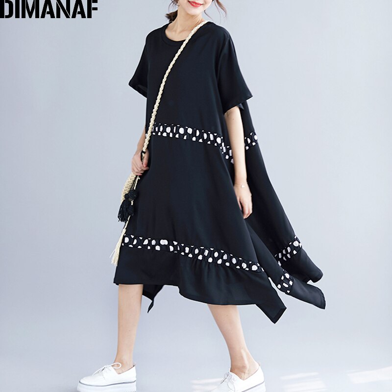 Dimanaf verão feminino plus size vestido de impressão ponto preto emendado casual feminino vestidos moda tamanho grande vestido solto a linha 2020