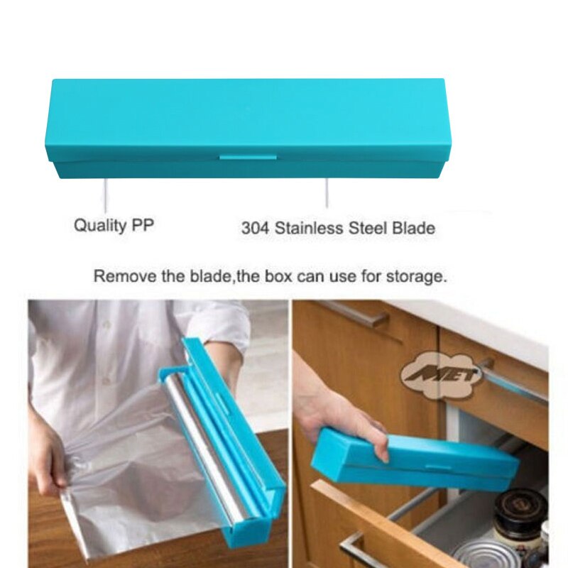 Wiilii 1 pc plastik køkkenfolie og husholdningsfilm wrap dispenser cutter opbevaring konserveringsmiddel film rulle æske med skæreblad