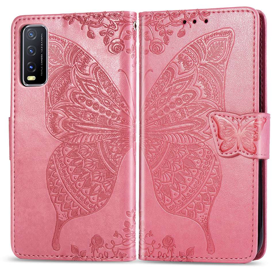 Für Vivo Y20 Fall Flip Brieftasche Leder Fall Auf Für Vivo Y20 Abdeckung Schmetterling Mmbossing Telefon Fällen: Rosa