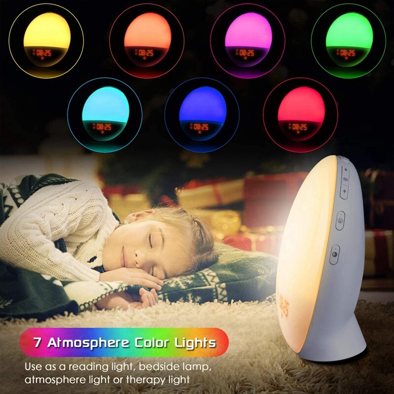 Alarm Clock Wake Up Light Light Alarm Clock with Sunrise/Sunset Simulation Dual Alarms, 7 Colors Atmosphere Lamp EU Plug