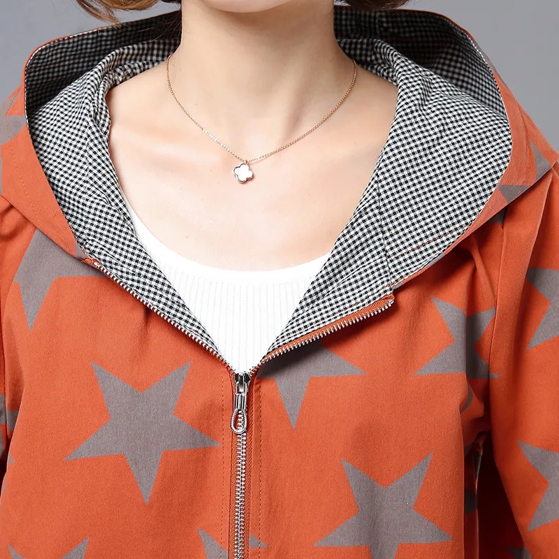 Outerwear Coat Jacket Spring Autumn Jackets Casual Women Trench Coats Star Print Splicing Hooded Coat Streetwear Windbreaker