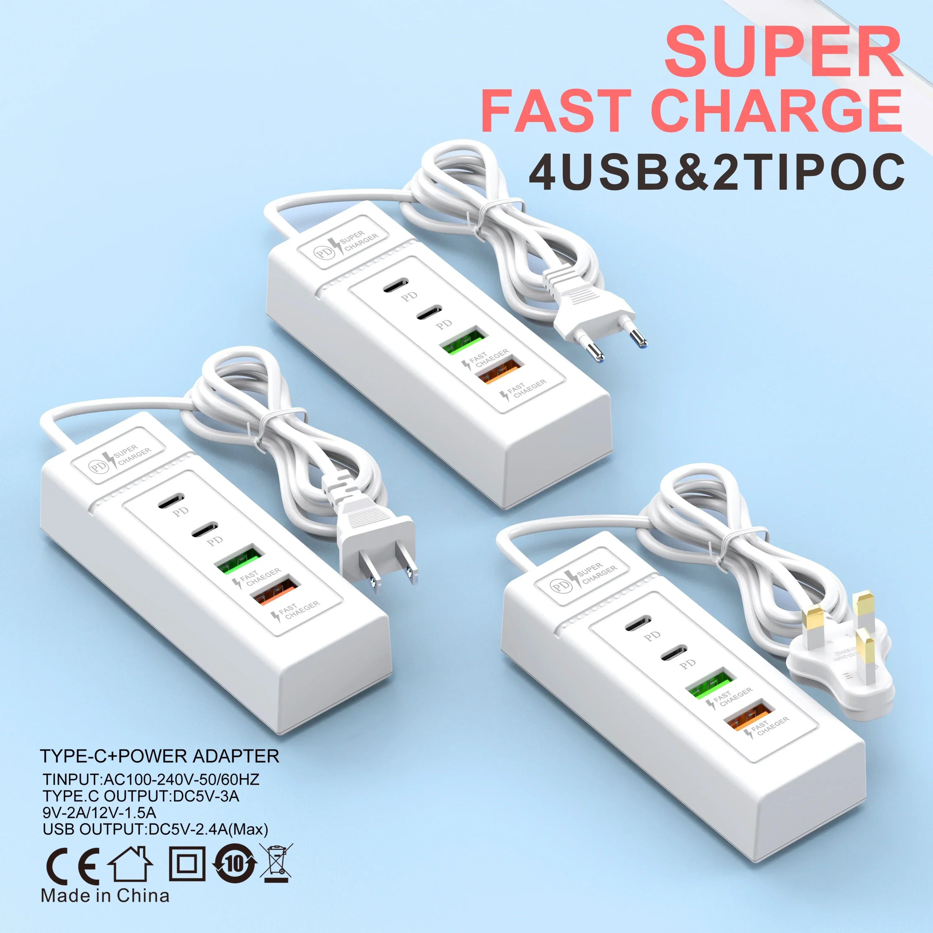 4- porters usb c hurtigladende reiselader med 1m kabler multiporter type c vegglader eu/us/uk plugg pd strømadapter lader