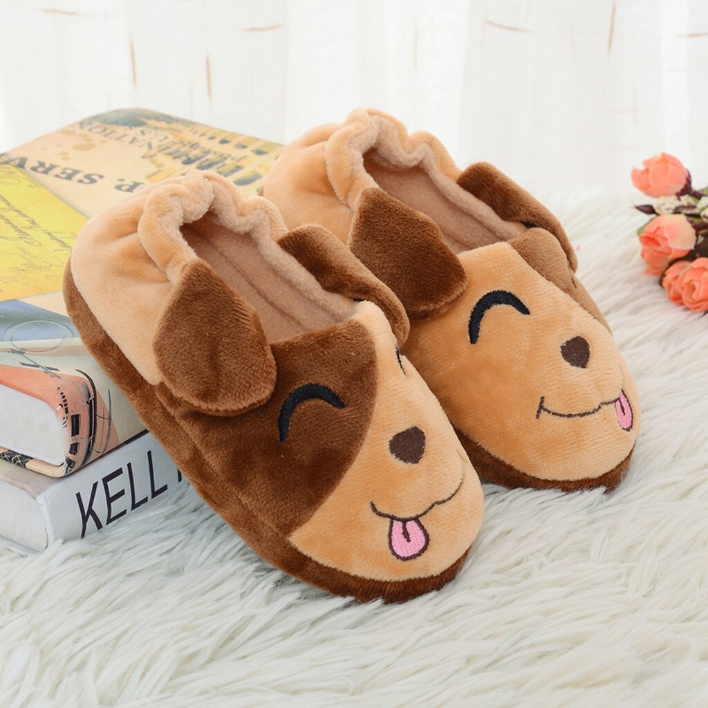 SAGACE Cute Dog Winter Slippers Kids Girls Boys Cartoon Soft-Soled Slippers Indoor Shoes For Children Soft-Soled Slippers: Coffee / 32