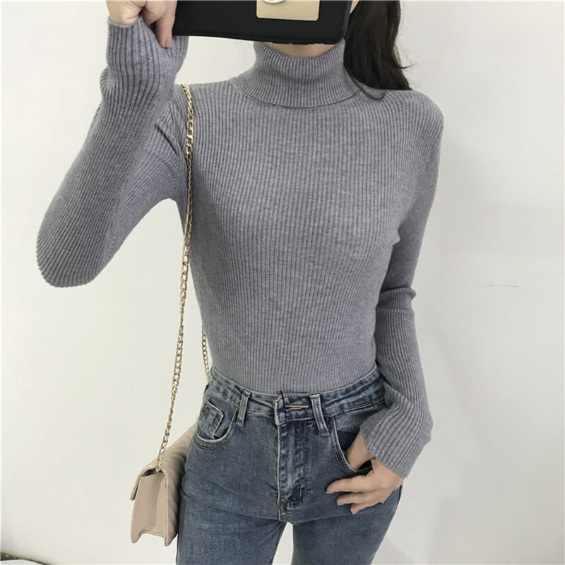 Pull épais pour femmes, Pull tricoté côtelé, Pull à manches longues, col roulé, Pull Slim et pour femmes, collection automne et hiver: Gris
