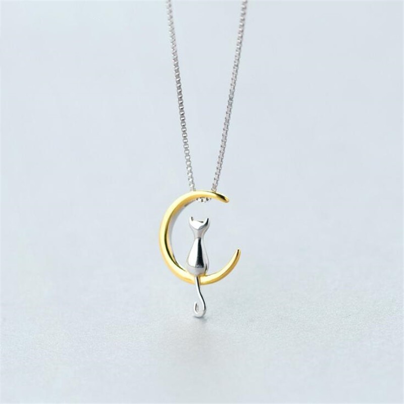 Animal 925 Sterling Silver Jewelry Korean Cute Cat Crescent Moon High Personality Pendant Necklaces H192