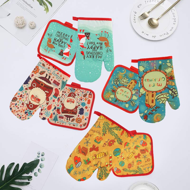 Gants anti-brûlure en coton pour micro-ondes, fournitures de cuisine, maniques anti-brûlure, décor de fête de noël à la maison, 2 pièces/ensemble
