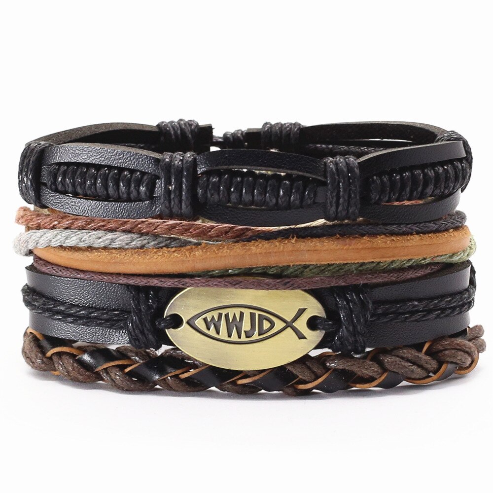 Vertrouw op god, jezus, wwjd, khaki, faith punk, 4 stuks/set, vintage, zwarte kralen, bijbel, leren armbanden, herenarmbanden, dames, herensieraden