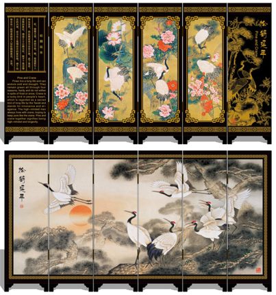Office Table MINI Folding Screens 6 Joined Panels Decorative Painting Wood Byobu Red-crowned Crane Pine Floral 48x24cm