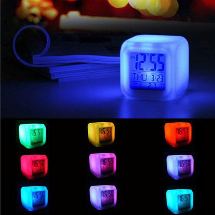 LED Alarm Colock 7 Colors Changing Digital Desk Gadget Digital Alarm Thermometer Night Glowing Cube led Clock Home
