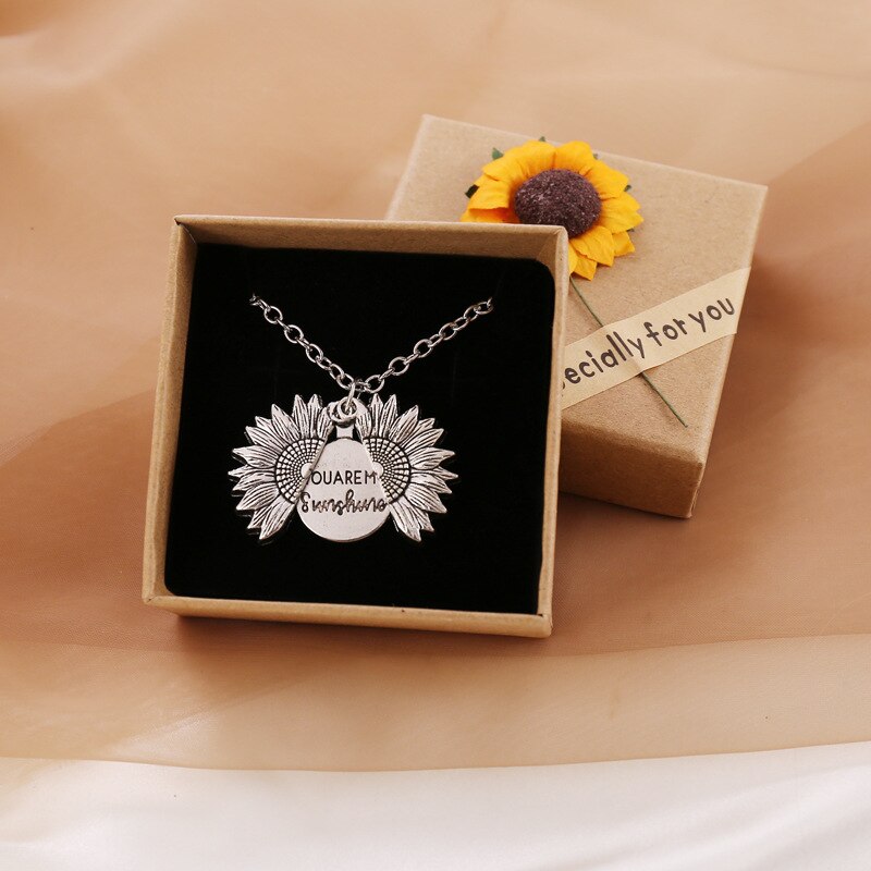 You Are My Sunshine-collares de girasol para mujer, cadena larga de Color rosa dorado y plateado, flor de sol, colgante femenino, joyería: Sliver With Box