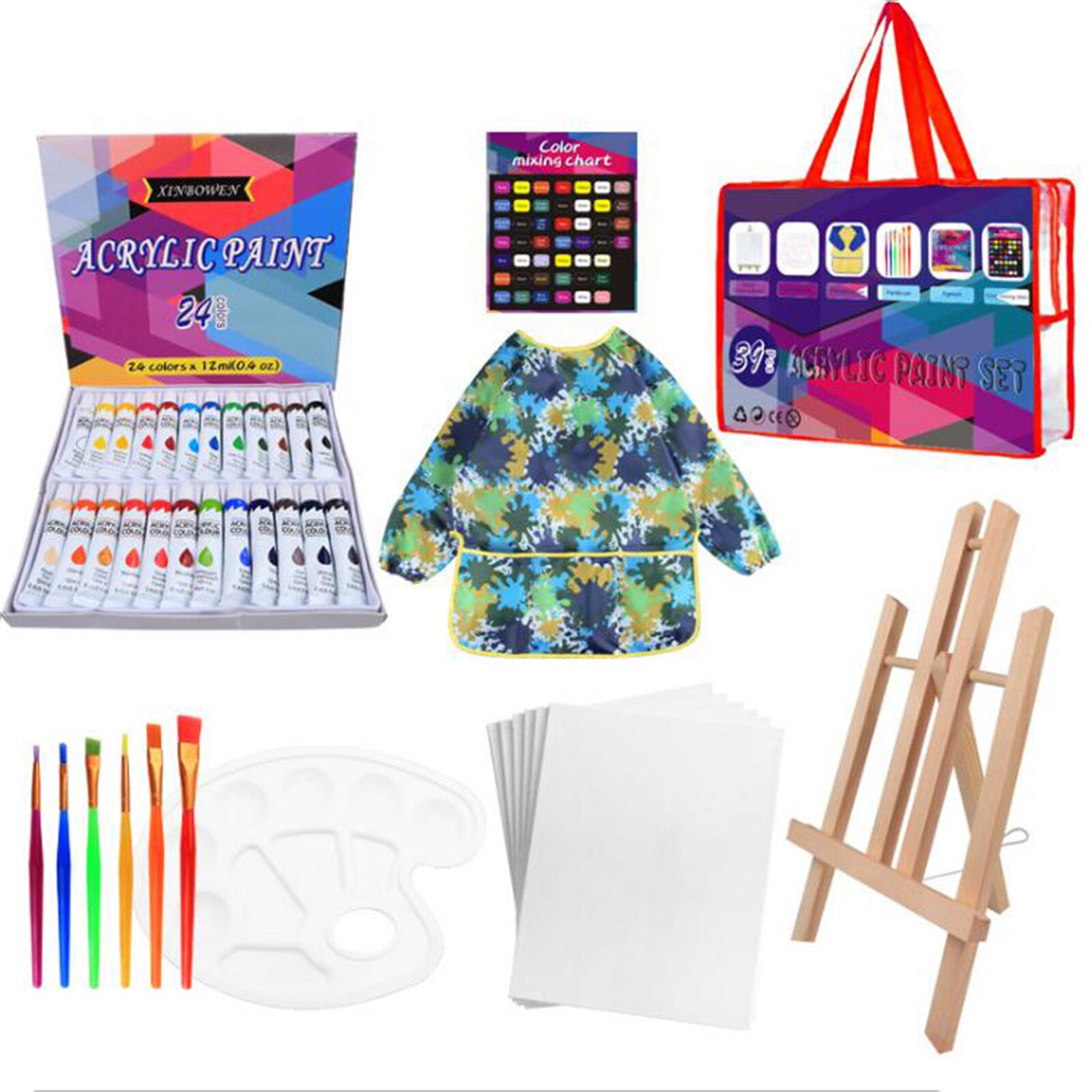 39pc Acrlic Paint Pigment Set Contains Paintbrush Easel Palette Drawing Paper School Home Stationery Graffiti Supply #T1G: C
