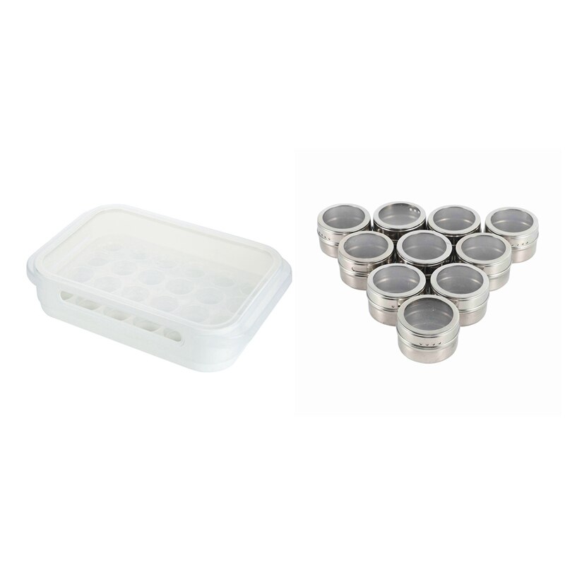 10 Pcs netic Spice Jar Set with Salt Pepper Set & 1 Pcs Fresh Keeping Container 24 Grid Egg Storage Stackable Box